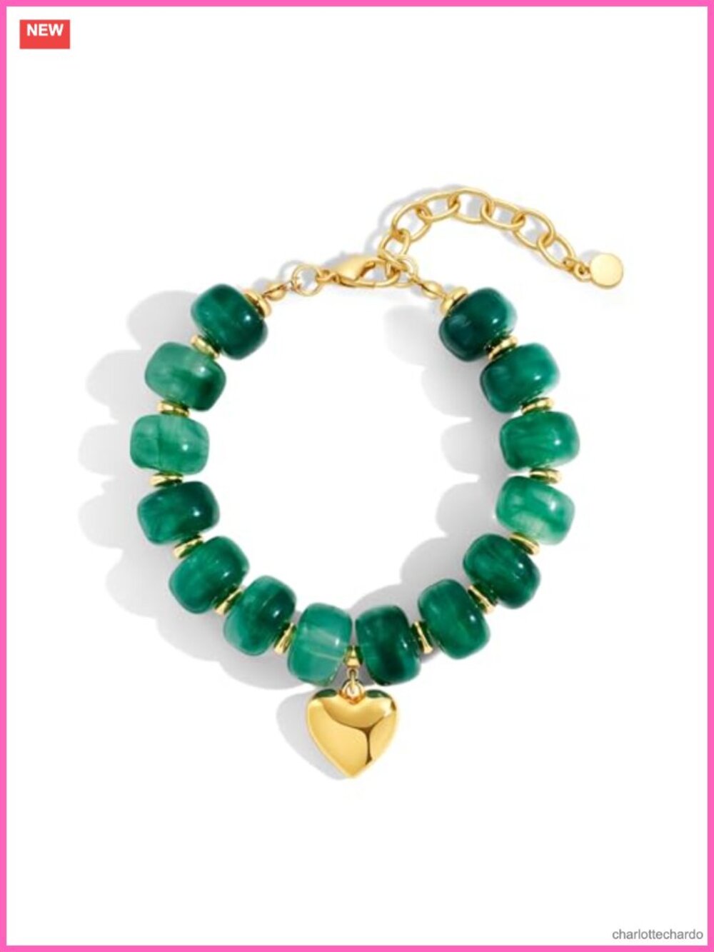 Chunky Beaded Bracelet with Gold Heart Charm Adjustable Resin Strand